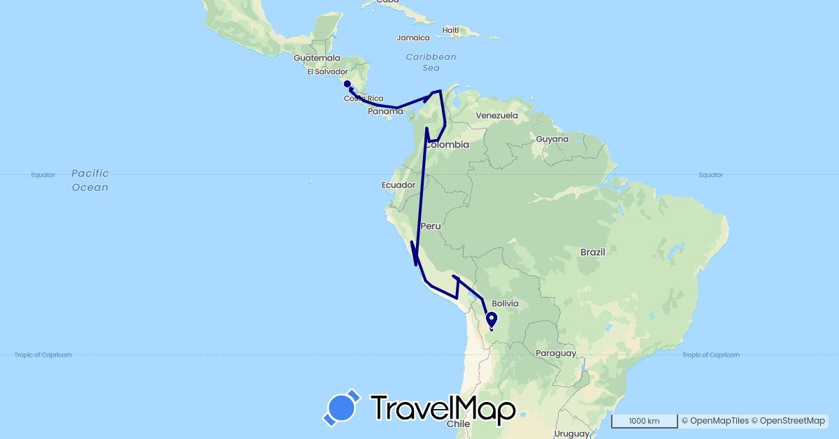 TravelMap itinerary: driving in Bolivia, Colombia, Costa Rica, Nicaragua, Panama, Peru (North America, South America)